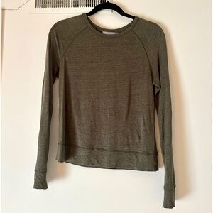 Vince Linen, waist length crew neck long sleeve, moss green, small.